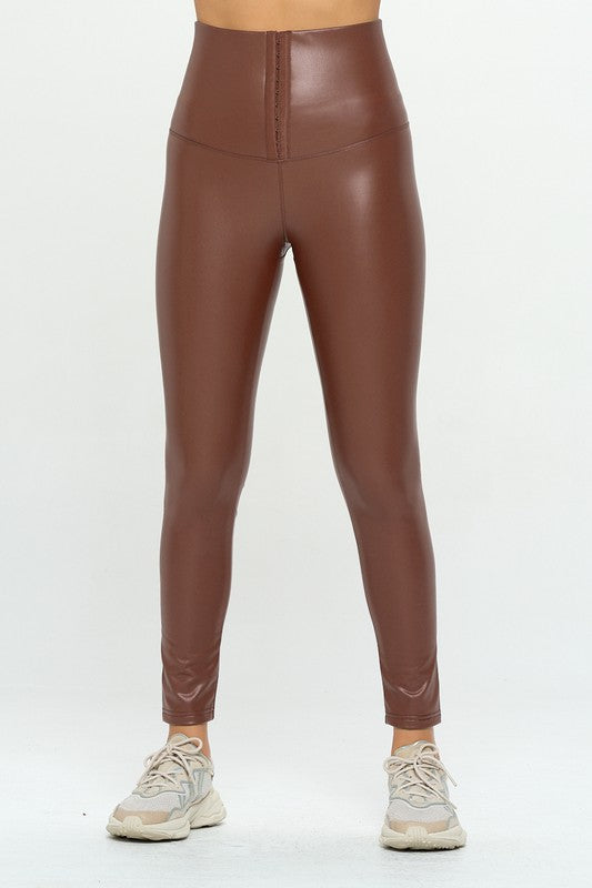 Women High Waist PU Leather Corset Cincher  Pants