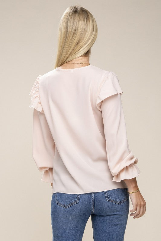 Women V neck lace trim long sleeve blouse