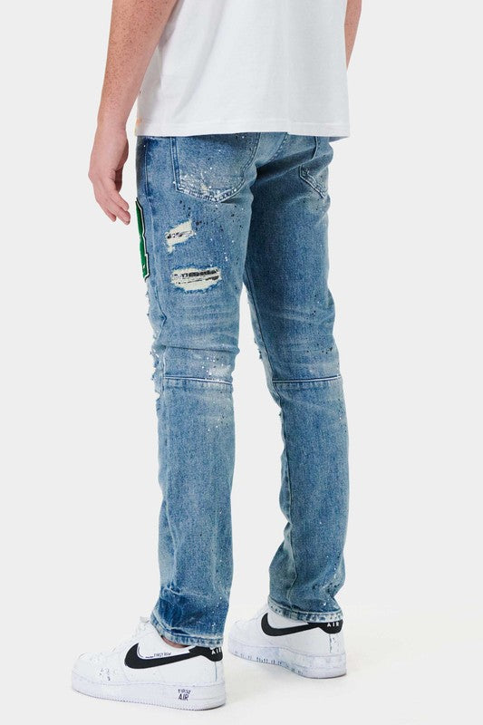 Men Varsity Patched Slim Denim Jeans