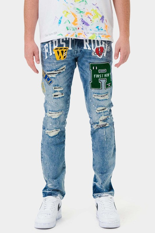 Men Varsity Patched Slim Denim Jeans