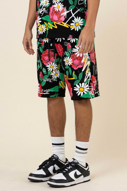 Men All Over Rose Bloom Print Shorts
