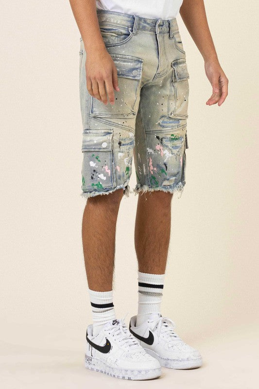 Men Hand Painted Multi Cargo Denim Shorts