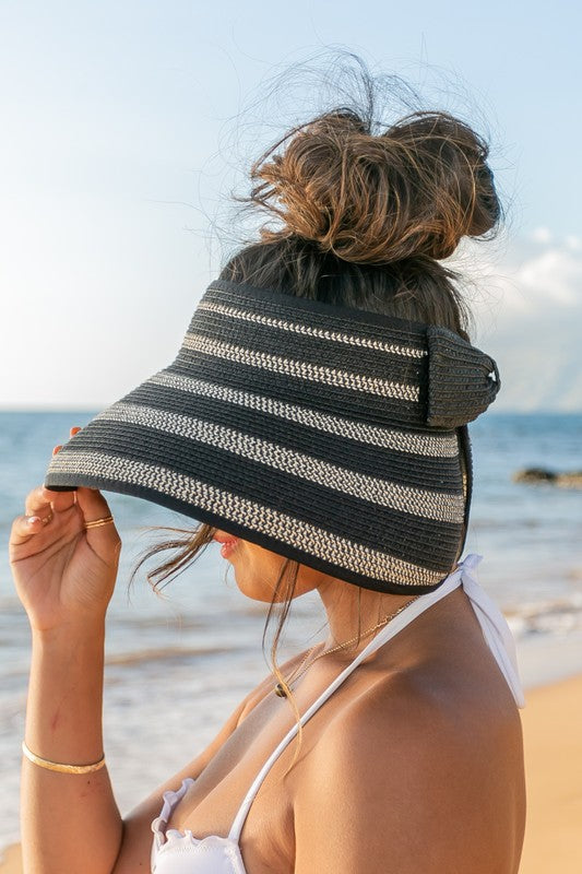 Women Marled Stripe Roll up Bow Visor Hat