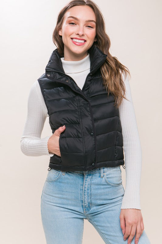 Women High Neck Zip Up Puffer Vest with Storage Pouch