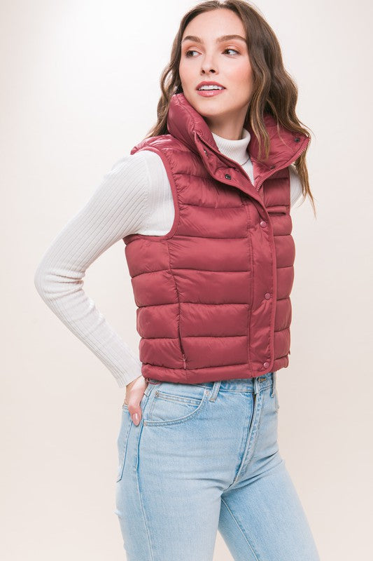 Women High Neck Zip Up Puffer Vest with Storage Pouch