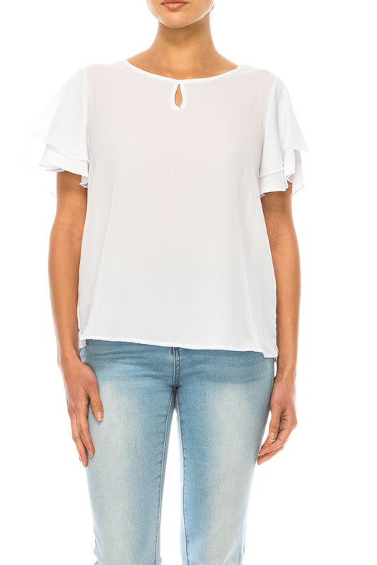 Women Short flutter sleeve round neck keyhole blouse.