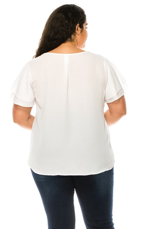 Women Plus size, short flutter sleeve keyhole blouse.