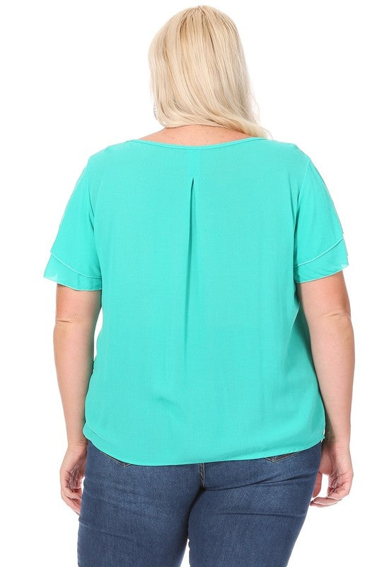 Women Plus size, short flutter sleeve keyhole blouse.