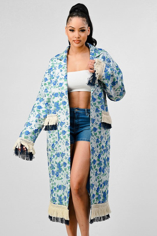 ATHINA FLORAL PRINT TASSLE TRENCH COAT