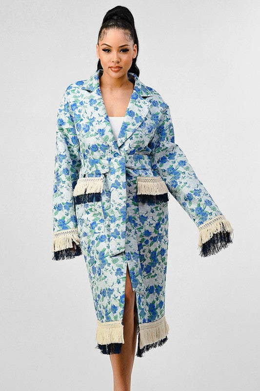 ATHINA FLORAL PRINT TASSLE TRENCH COAT