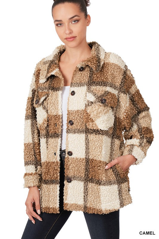 Women Sherpa Plaid shacket With Pockets
