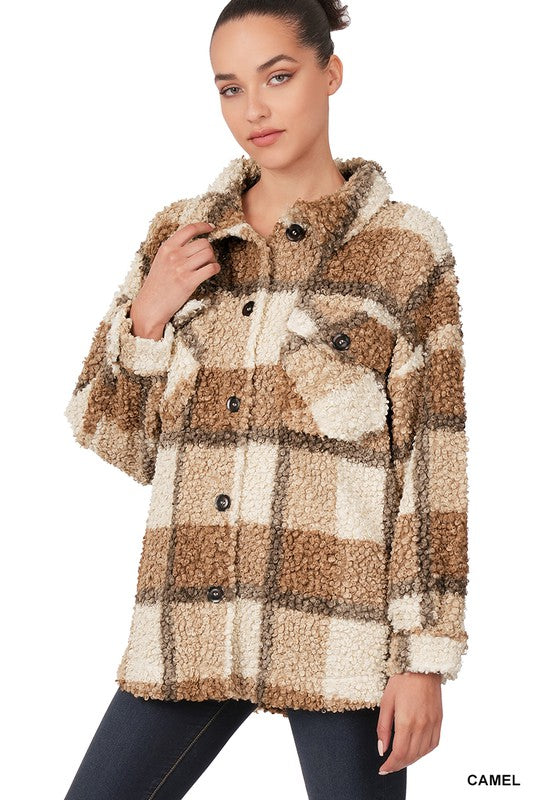 Women Sherpa Plaid shacket With Pockets