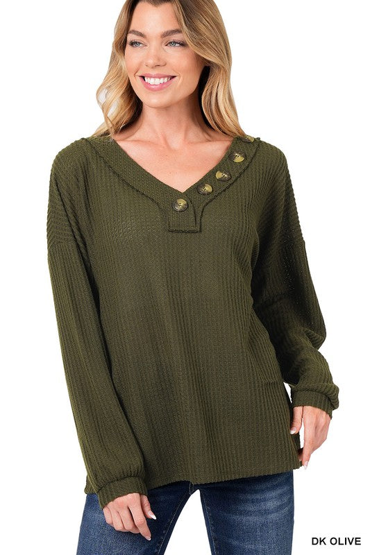 Women Brushed Waffle V-Neck Button Detail Sweater