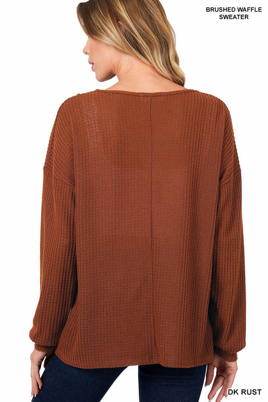 Women Brushed Waffle V-Neck Button Detail Sweater