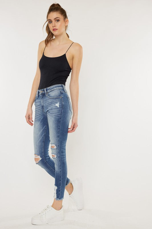 Women High Rise Fray Hem Ankle Skinny