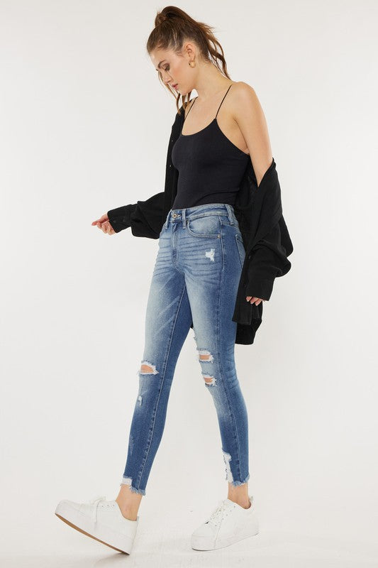 Women High Rise Fray Hem Ankle Skinny