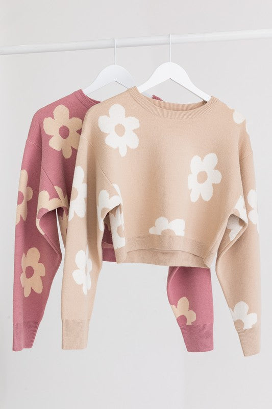Women Long Sleeve Crop Sweater with Daisy Pattern