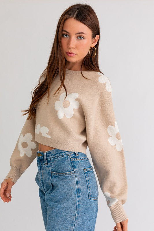 Women Long Sleeve Crop Sweater with Daisy Pattern