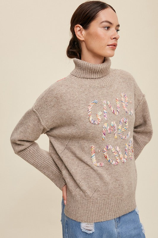 Women Give Me Love Stitched Mock Neck Sweater