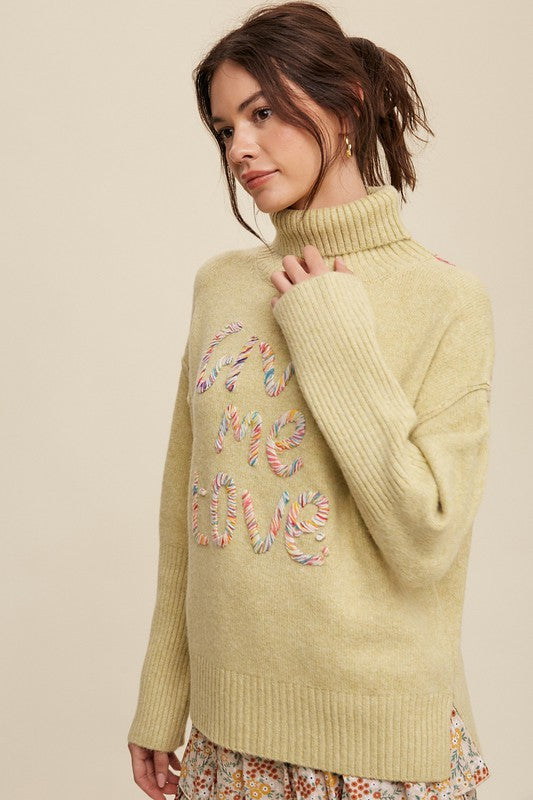 Women Give Me Love Stitched Mock Neck Sweater