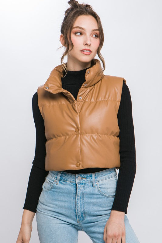 Women PU Faux Leather puffer West With Snap Button