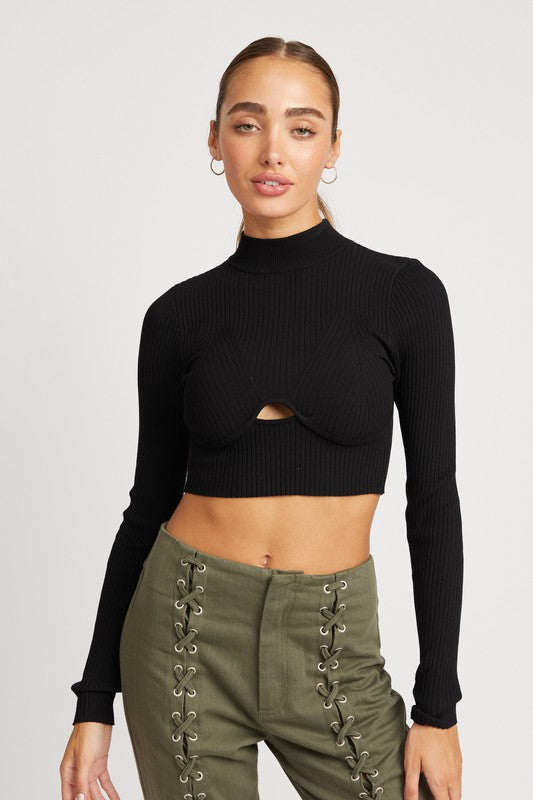 WOMEN MOCK NECK CROP TOP WITH CUT OUT