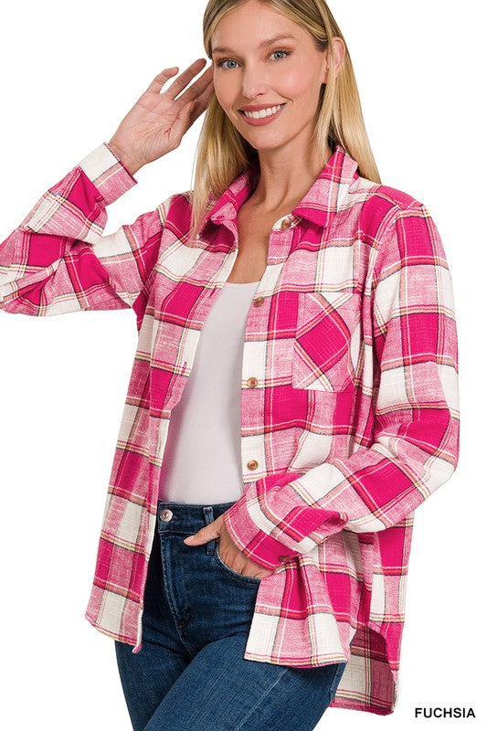 Women Cotton Plaid Shacket With Front Pocket