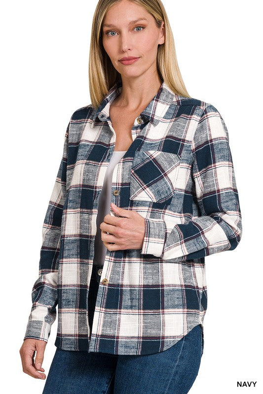 Women Cotton Plaid Shacket With Front Pocket