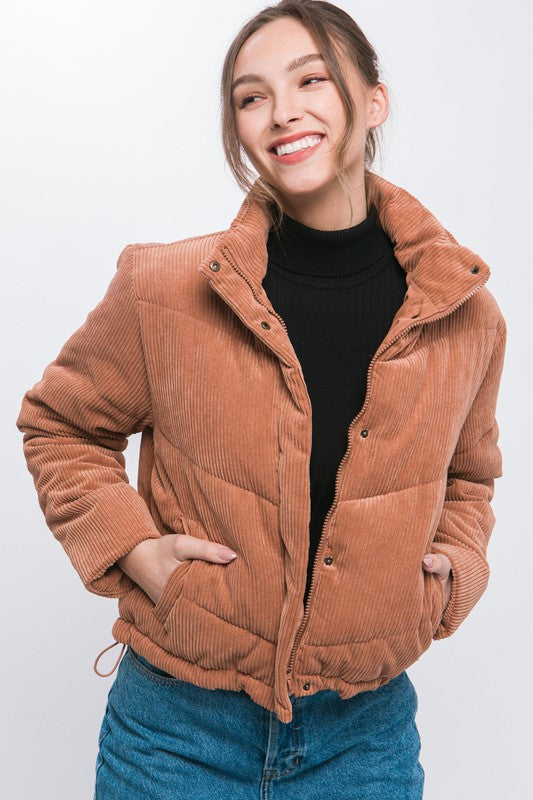 Women Corduroy Puffer Jacket with Toggle Detail