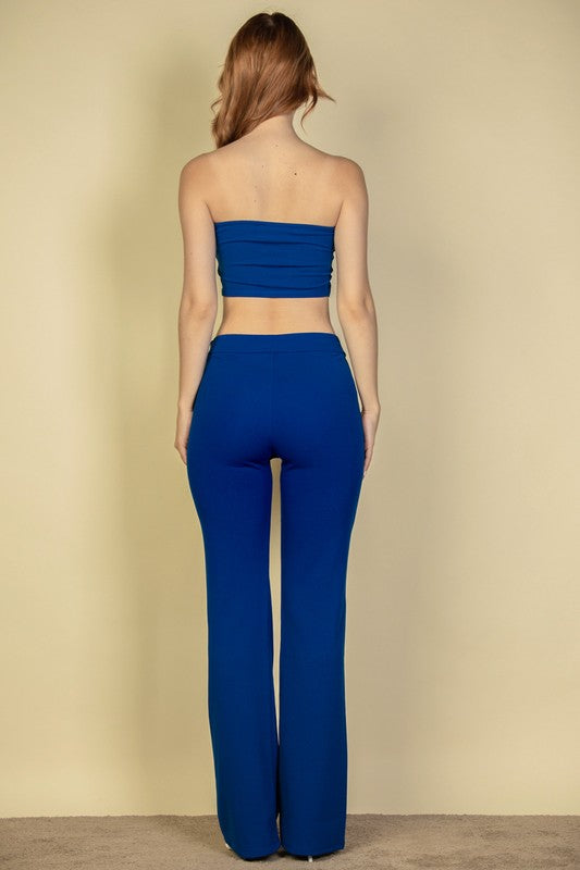 Women Strapless Corset Top & Flare Pants Set