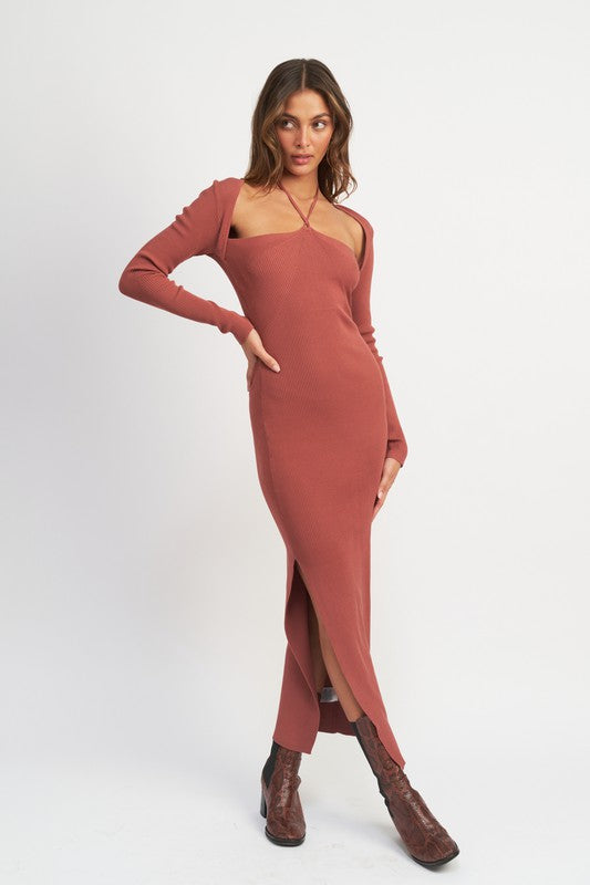 WOMEN HALTER NECK MAXI DRESS WITH SLIT