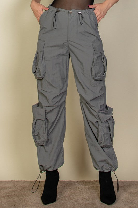 Flap Pockets Drawstring Ruched Parachute Pants