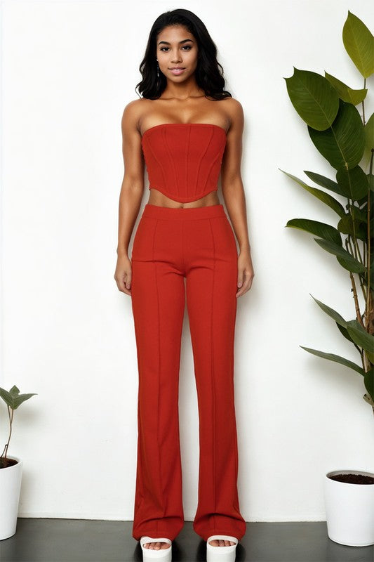 Women Strapless Corset Top & Flare Pants Set