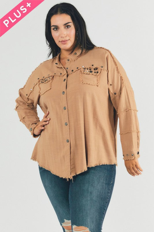 Women Plus Distressed hem button down oversize shirt