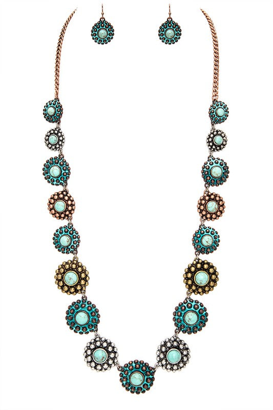 Turquoise Stationed Mix Tone Long Necklace Set