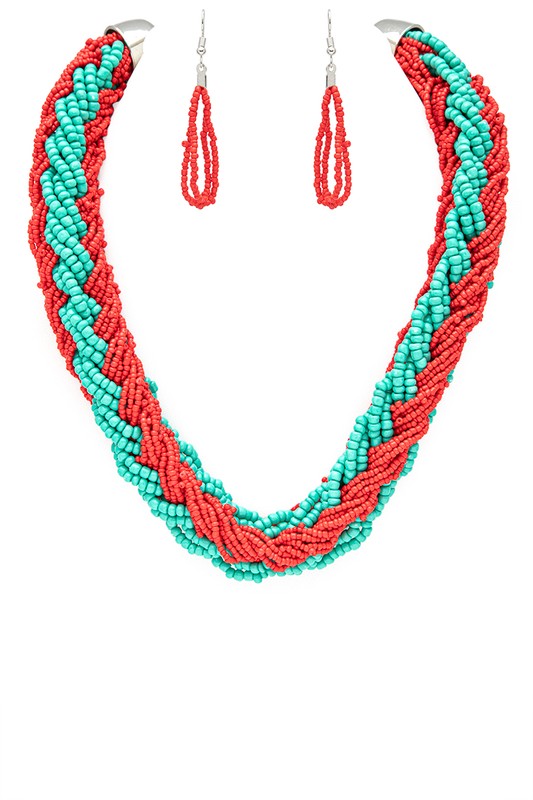 Braided Seed Beads Statement 2 Tone Necklace Set
