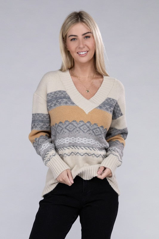 Women Multicolor Stripe V Neck Sweater