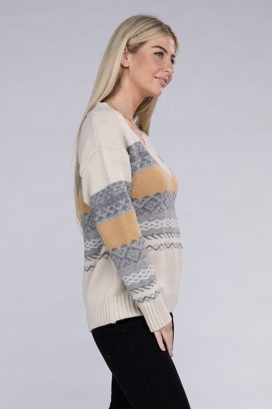 Women Multicolor Stripe V Neck Sweater