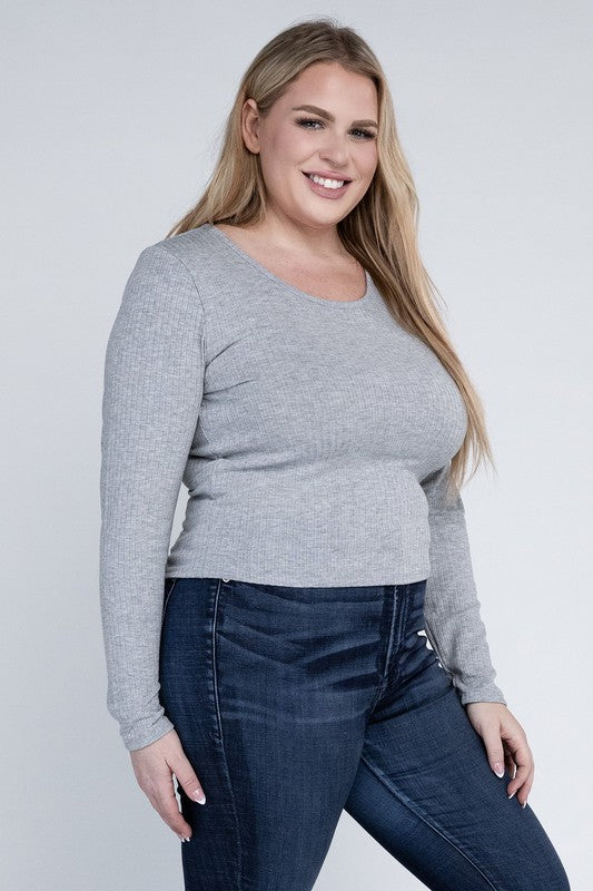 Women Plus Classic Ribbed Round Neck Long Sleeve