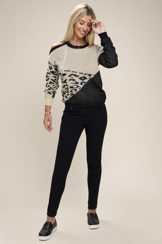 Women Leopard Print Color Block Sweater