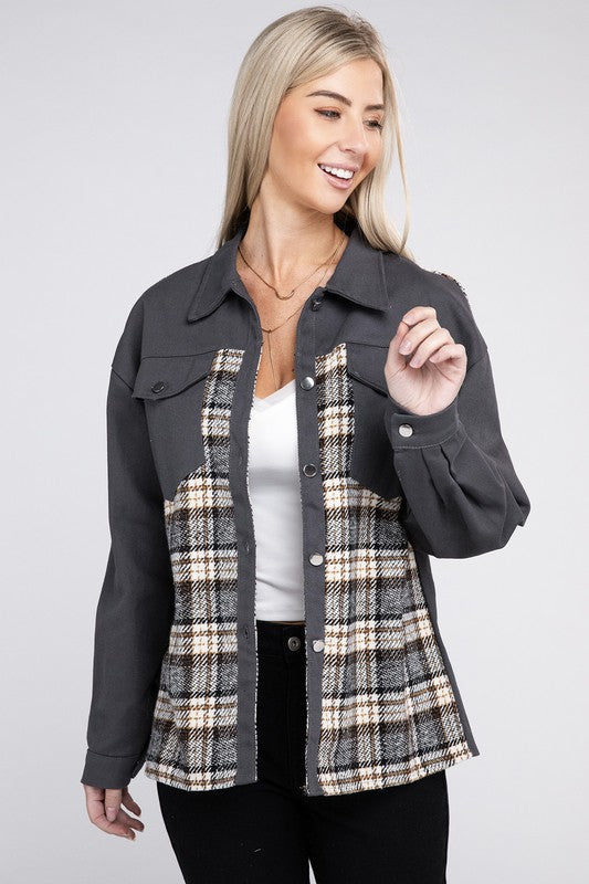 Women Plaid Patchwork Pockets Jacket