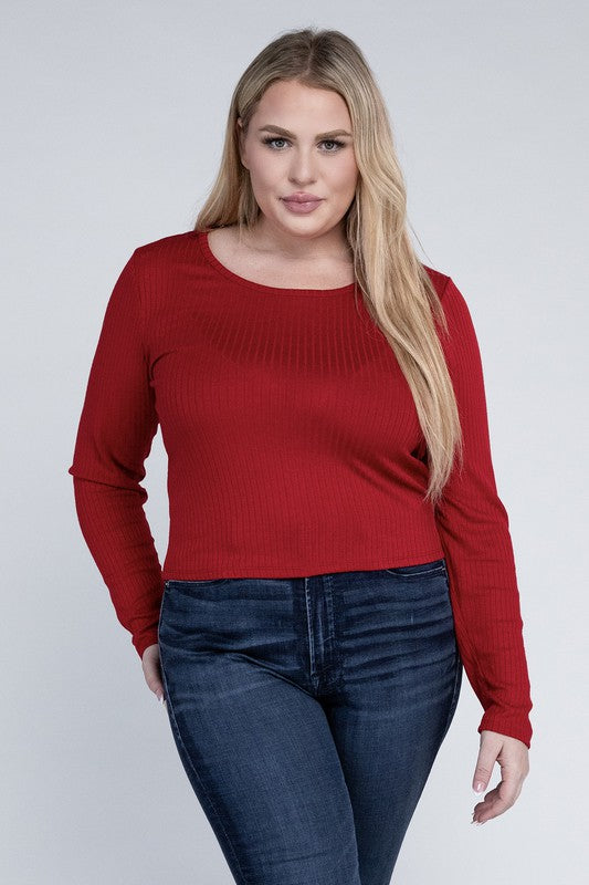 Women Plus Classic Ribbed Round Neck Long Sleeve