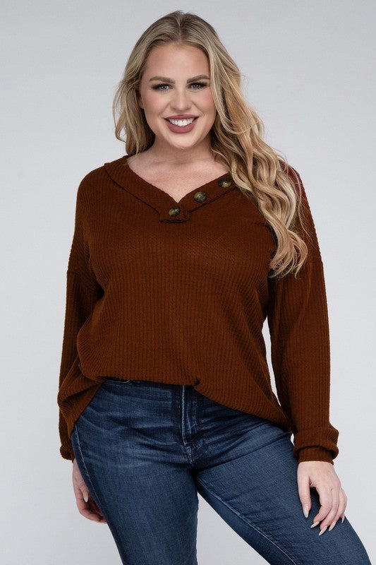 Women Plus Brushed Waffle V-Neck Button Detail Sweater