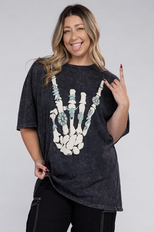 Women Plus Skeleton Rock Hand Sign Graphic Top