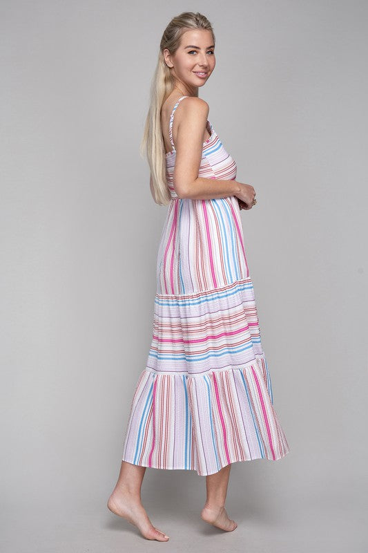 Women Striped Print Ruffle Hem Cami Dress