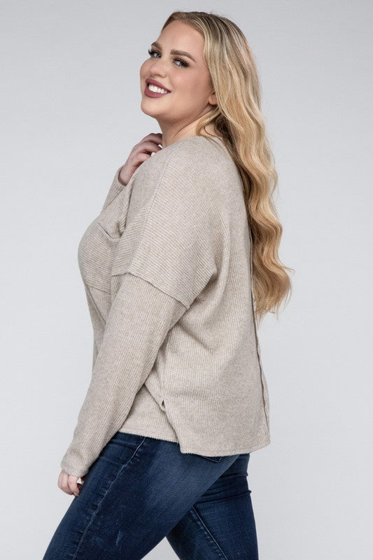 Women Plus Ribbed Brushed Melange Hacci Sweater
