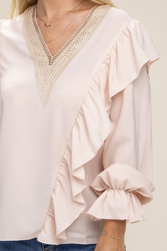 Women V neck lace trim long sleeve blouse
