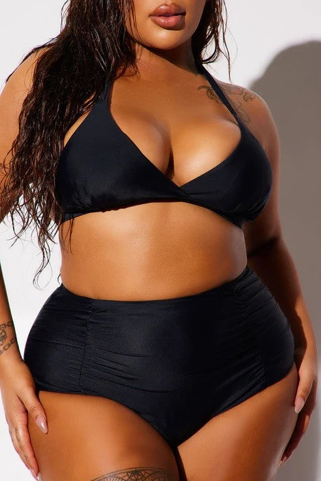 Women Plus Size Two Piece High Waist with Rughe Front