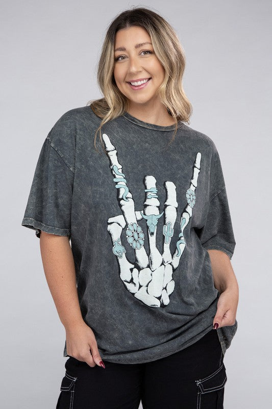 Women Plus Skeleton Rock Hand Sign Graphic Top