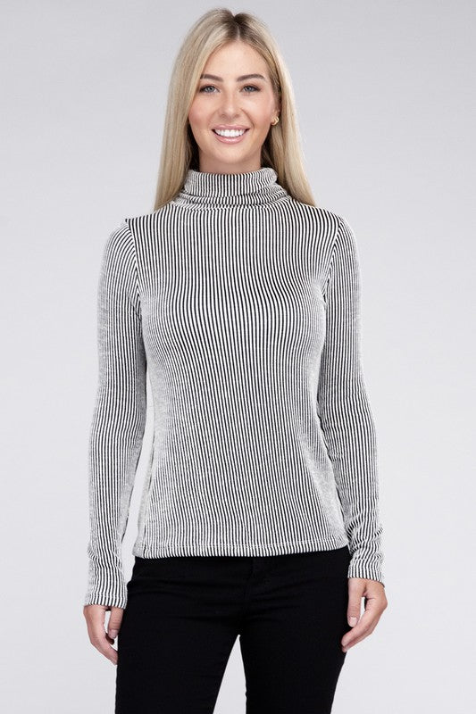 Women Ribbed Turtle Neck Long Sleeve Top